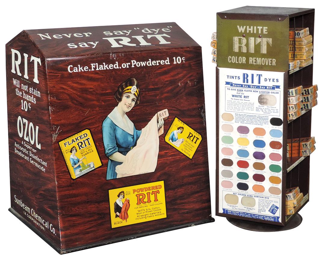 Country Store Rit Dye Counter Displays (2), nice: Country Store Rit Dye Counter Displays (2), nice 6-drawer wood-grained litho on tin cabinet, c.1930s & later rotating display containing a sample card & some product, the 1st VG to Exc cond w/a couple