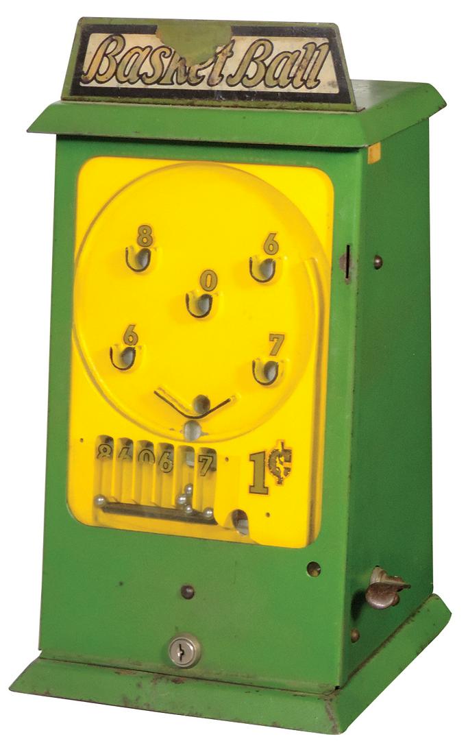 Coin-Operated Basket Ball 1 Cent Skill Game,: Coin-Operated Basket Ball 1 Cent Skill Game, pressed steel countertop model, mfgd by Genco-Chicago, c.1930s, lever drops 5 balls when coin is inserted & shoots into numbered baskets, Good orig working
