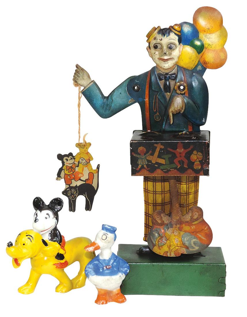 Character Toys (3), German balloon vendor litho on tin: Character Toys (3), German balloon vendor litho on tin windup w/Mickey Mouse, bisque Mickey Mouse on Pluto figure & bisque Donald Duck, VG to Exc working cond, largest 6.5"H.