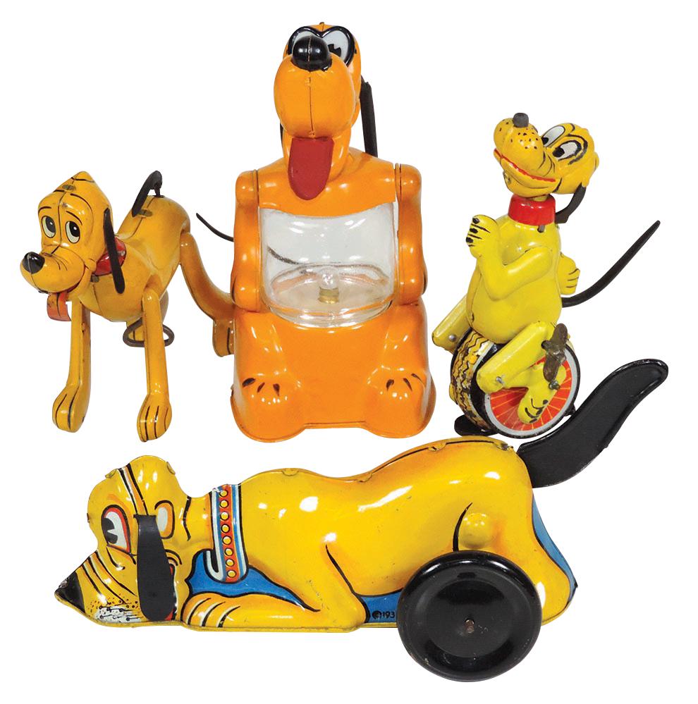 Toy Walt Disney Pluto Toys (4), lever windup 3-wheeler,: Toy Walt Disney Pluto Toys (4), lever windup 3-wheeler, unicycle & windup wagger/nodder, mfgd by Marx & Linemar lantern, Exc to Near Mint working cond noting lantern w/some oxidation & spotting on uni