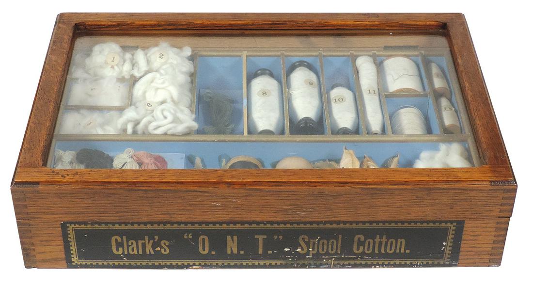 Country Store Clark's ONT Thread Case w/Sewing Cotton: Country Store Clark's ONT Thread Case w/Sewing Cotton Industry Production Samples, glass lidded oak countertop case containing a period display of cotton samples & the fiber in various stages from raw