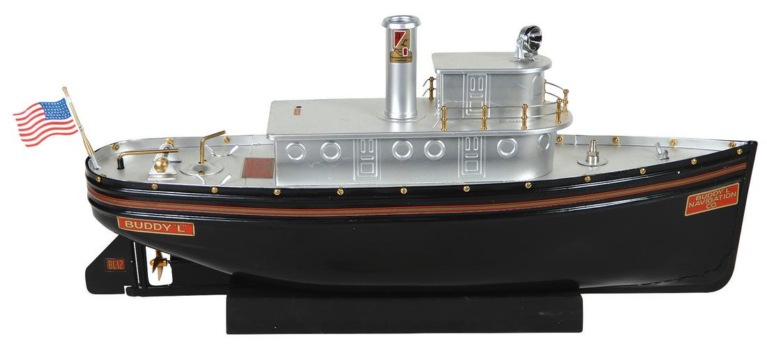 Toy Boat, Buddy L Tug Boat, No. 3000, pressed steel,: Toy Boat, Buddy L Tug Boat, No. 3000, pressed steel, mfgd by T-Reproductions, blk & silver painted finish w/gold & red pin-striping, decals for "Buddy "L" Navigation Co." on bow, three-blade brass scr