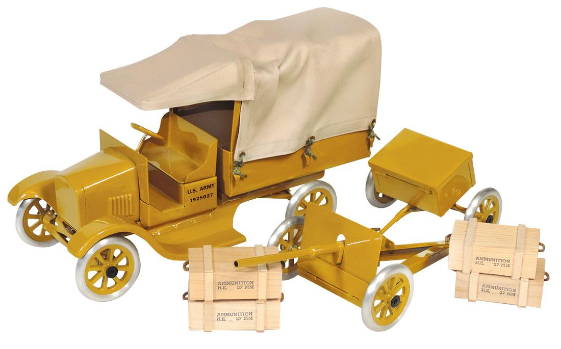 Toy Truck, Buddy L Flivver Series U.S. Army Artillery: Toy Truck, Buddy L Flivver Series U.S. Army Artillery Truck, pressed steel, mfgd by Cowdery Toy Works, truck w/37mm howitzer, caisson & 4 crates of ammo, Near Mint cond, truck 13.25"L.