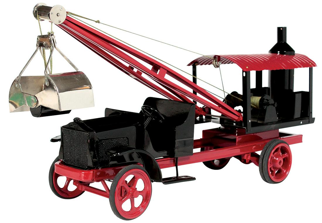 Toy Excavator, Kelmet Big Boy #57 White Universal: Toy Excavator, Kelmet Big Boy #57 White Universal Crane, pressed steel, mfgd by Kelmet for J.C. Penney, c.1926, operating 2 boom crane w/clamshell bucket, Exc+ prof restored cond, 28"L as illustrated.