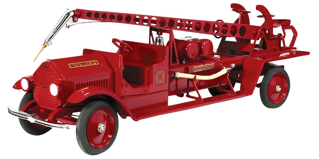 Toy Fire Truck, Sturditoy Water Tower #9: Toy Fire Truck, Sturditoy Water Tower #9 American-LaFrance, pressed steel w/operating boom & steerable rear wheels, mfgd by Pressed Metal Co., c.1928, Exc+ prof restored cond, 33.5"L.