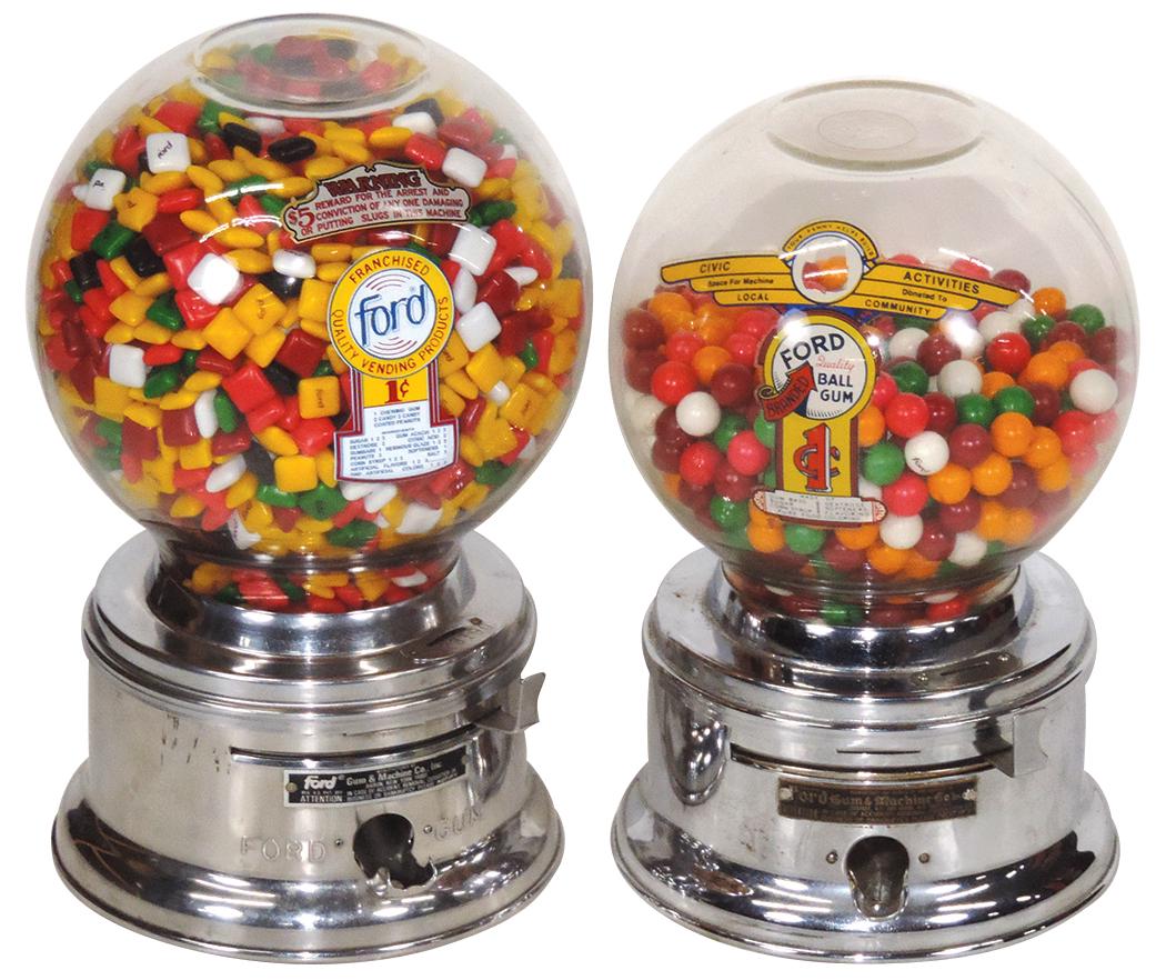 Coin-Operated Ford Gum Ball 1 Cent Vendors (2),: Coin-Operated Ford Gum Ball 1 Cent Vendors (2), chrome-plated brass & glass, mfgd by Ford Gum & Machine Co., c.1940s & 60s, VG to Exc cond w/product & orig decals, includes 1 key for both machines, 12