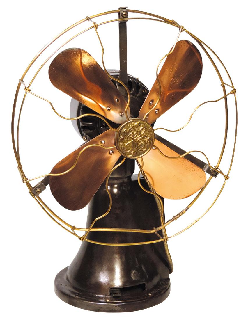 Coin-Operated General Electric 5 Cent Hotel Fan, cast: Coin-Operated General Electric 5 Cent Hotel Fan, cast iron, mfgd by GE, c.1930, 3-speed oscillating motor w/brass cage & coppered blades, Good working cond w/later natural metal finish & coin box repl