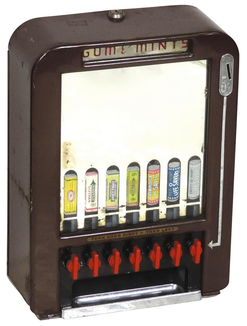 Coin-Operated Gum & Mint Vendor, 5 Cent, pressed steel: Coin-Operated Gum & Mint Vendor, 5 Cent, pressed steel 7-column counter/wall merchandiser by Rowe Mfg Co, Inc, c.1937, orig finish & decal for Wrigley's & Life Savers products, VG cond, untested w/o k