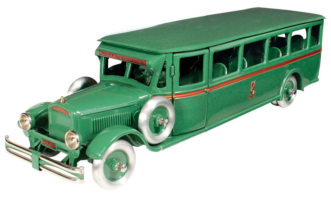 Toy Bus, Buddy L Passenger Bus, Model #208, pressed: Toy Bus, Buddy L Passenger Bus, Model #208, pressed steel, mfgd by Moline Pressed Steel Co., c.1930, Exc+ prof restored cond noting roof left unattached for viewing, 29"L.