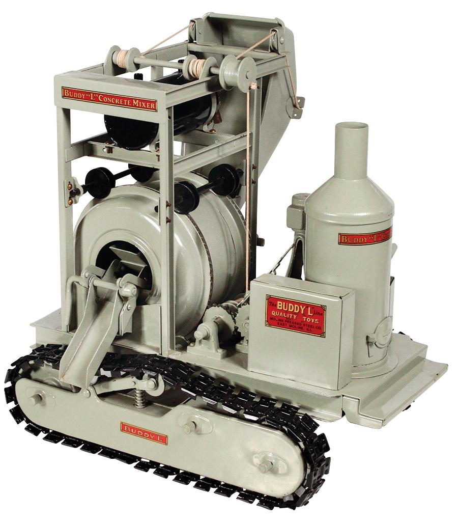 Toy Construction Crawler, Buddy L Concrete Mixer: Toy Construction Crawler, Buddy L Concrete Mixer w/operating tracks, water tank & rotating drum, pressed steel, mfgd by Moline Pressed Steel Co., VG to Exc cond w/an older prof restoration & some mino
