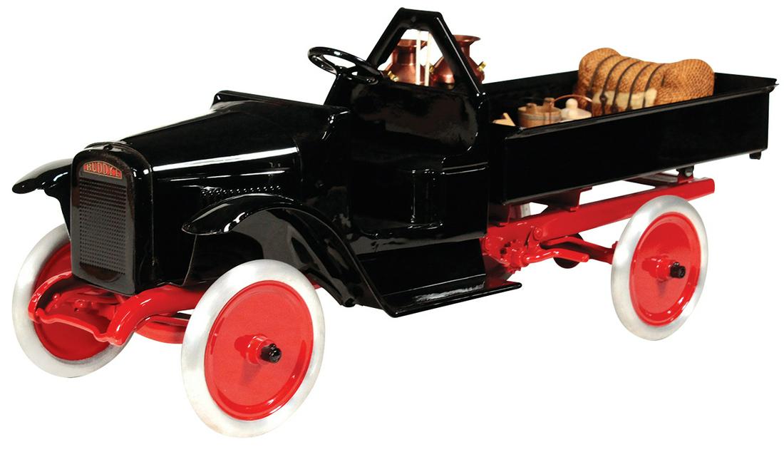 Toy Construction Truck, Buddy L Windlass Dump Bed,: Toy Construction Truck, Buddy L Windlass Dump Bed, Model #201, mfgd by Moline Pressed Steel Co., c.1926, pressed steel w/operating tilt bed displaying miniature cargo, Exc+ prof restored cond, 24.5"L.