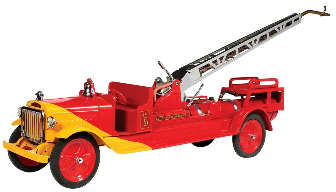Toy Fire Truck, Buddy L Hydraulic Water Tower, Rare: Toy Fire Truck, Buddy L Hydraulic Water Tower, Rare ride-on model, pressed steel w/pressurized tank & lights, mfgd by Moline Pressed Steel Co., c.1933, Exc+ prof restored cond noting lights not wired,