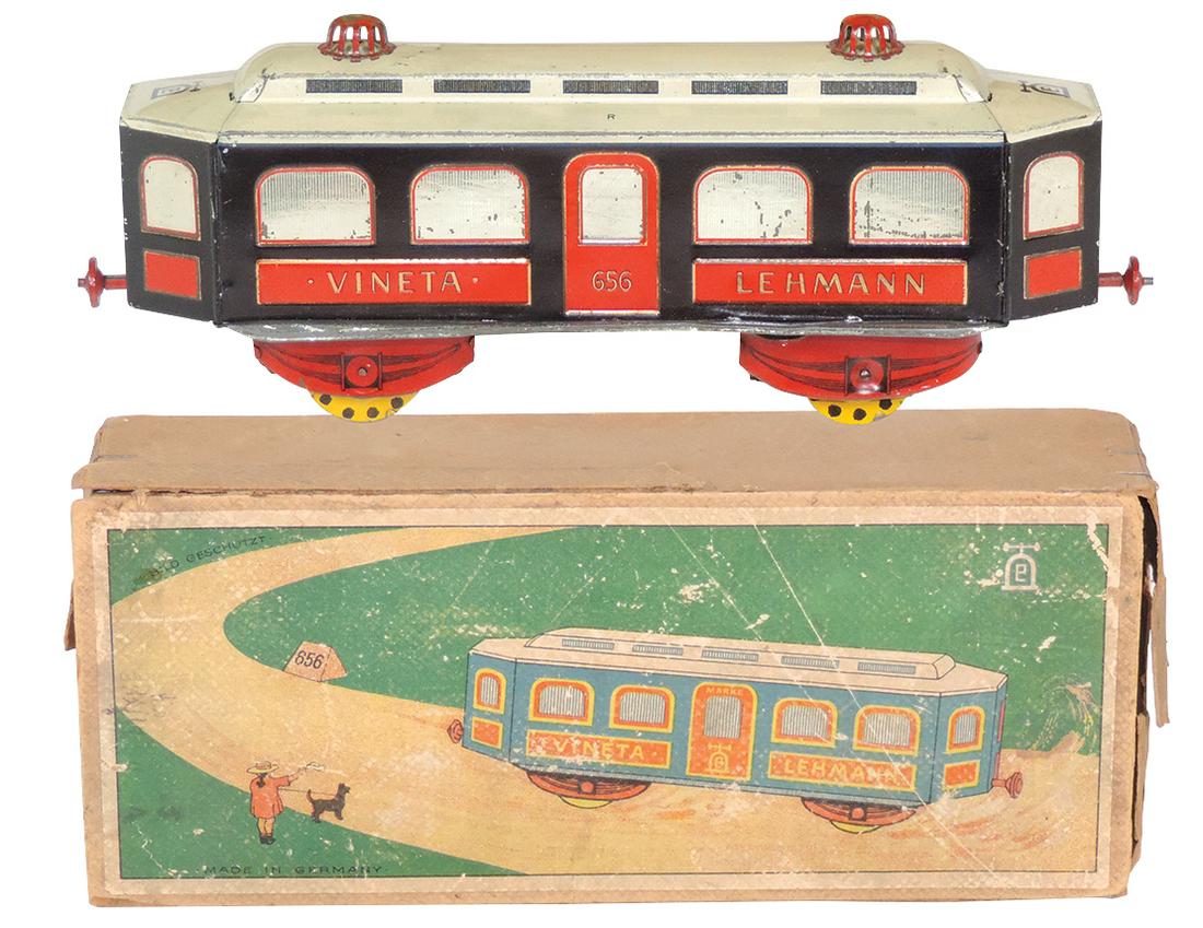 Toy Vineta 656 Monorail w/orig box, Rare, mfgd by: Toy Vineta 656 Monorail w/orig box, Rare, mfgd by Lehmann-Germany, litho on tin windup w/gyroscope drive, c.1913, Exc cond w/some edge wear on box, 10"L.