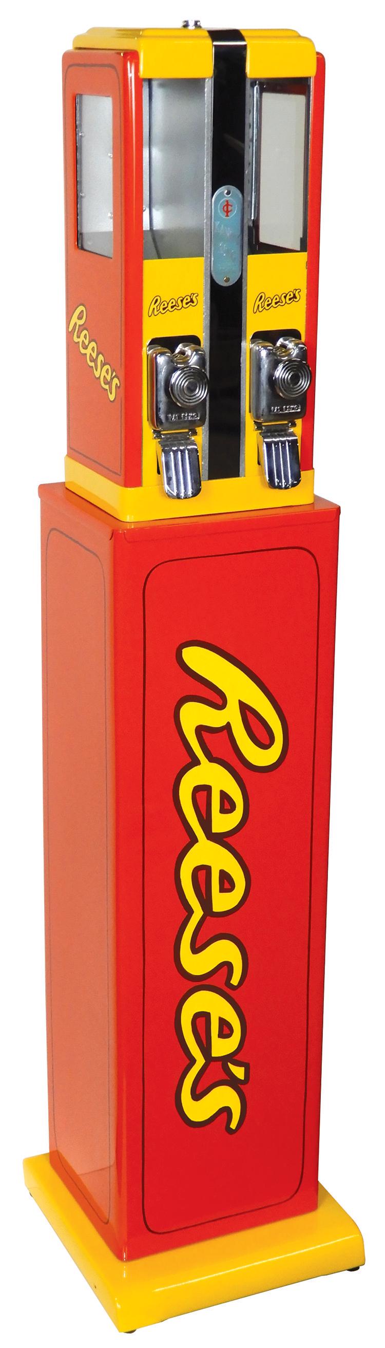 Coin-Operated Vending Machine on Floor Stand, Kandy: Coin-Operated Vending Machine on Floor Stand, Kandy King, mfgd by Holli-Ware Mfg.-Chicago, 1 Cent 2-column machine, c.1950s, Exc prof restored cond in Reese's motif, 54"H x 12"W x 12"D.