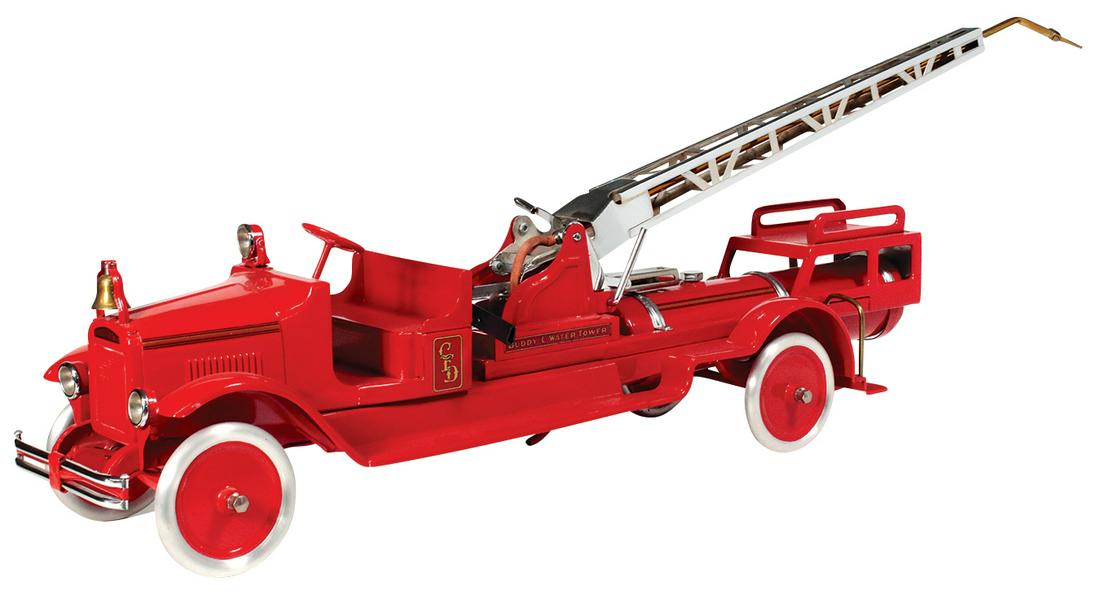 Toy Fire Truck, Buddy L Water Tower, Rare Model #205-D,: Toy Fire Truck, Buddy L Water Tower, Rare Model #205-D, pressed steel, mfgd by Moline Pressed Steel Co., c.1929, Exc+ prof restored cond noting water pump untested, 46.5"L.