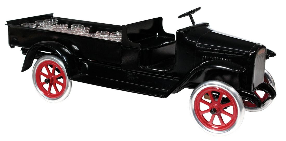Toy Truck, Buddy L Express Truck Model #200, pressed: Toy Truck, Buddy L Express Truck Model #200, pressed steel, mfgd by Moline Pressed Steel Co., c.1926, Exc+ prof restored cond, box filled w/glass cream bottles as a cargo display, 24"L.