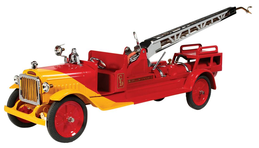 Toy Truck, Buddy L Hydraulic Water Tower, Rare ride-on: Toy Truck, Buddy L Hydraulic Water Tower, Rare ride-on model w/pressurized tank, headlights & searchlight, pressed steel, mfgd by Moline Pressed Steel Co., c.1933, Exc+ prof restored cond noting light