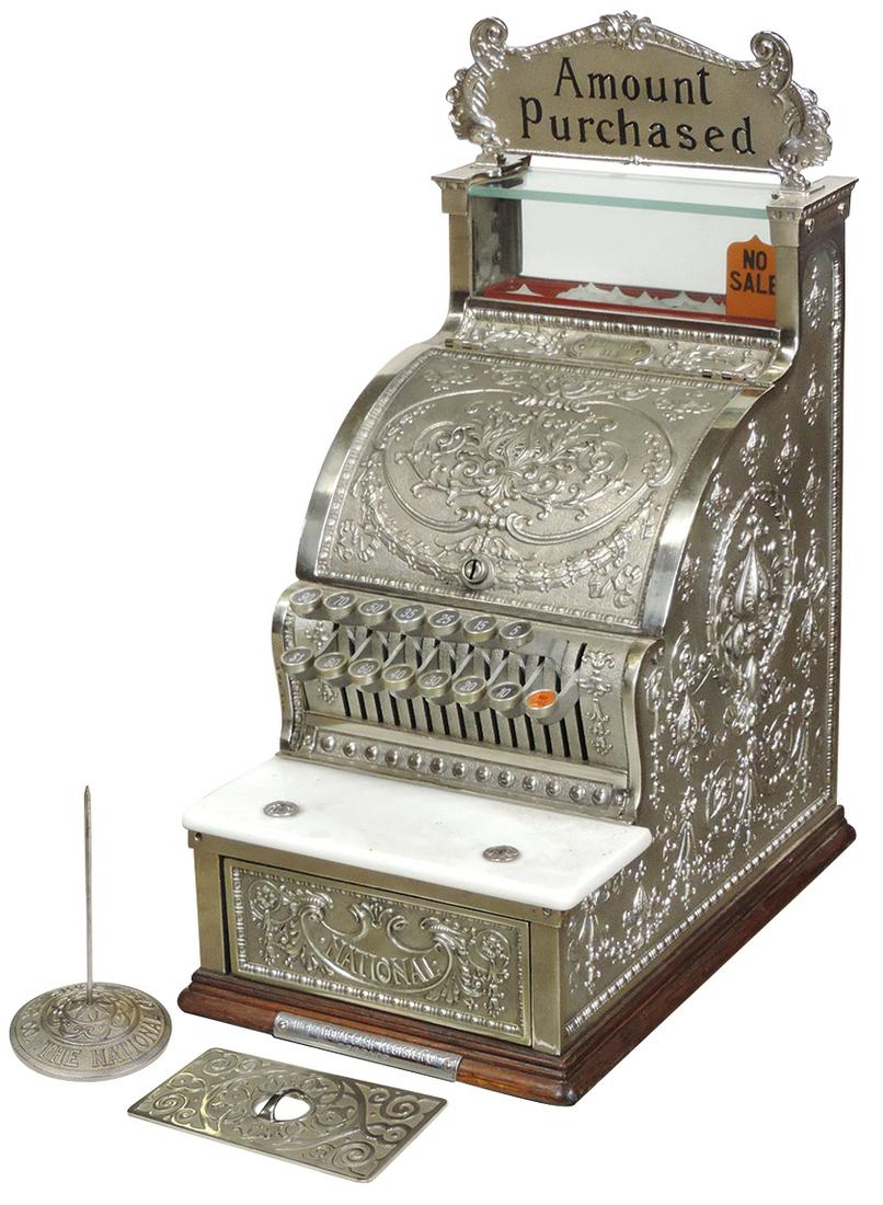 Candy Store or Barber Shop Cash Register, National: Candy Store or Barber Shop Cash Register, National Model 313, fancy cast brass w/nickel-plated finish, $1 tender & "Amount Purchased" marquee, includes receipt spike & bill weight, Exc+ near orig cond