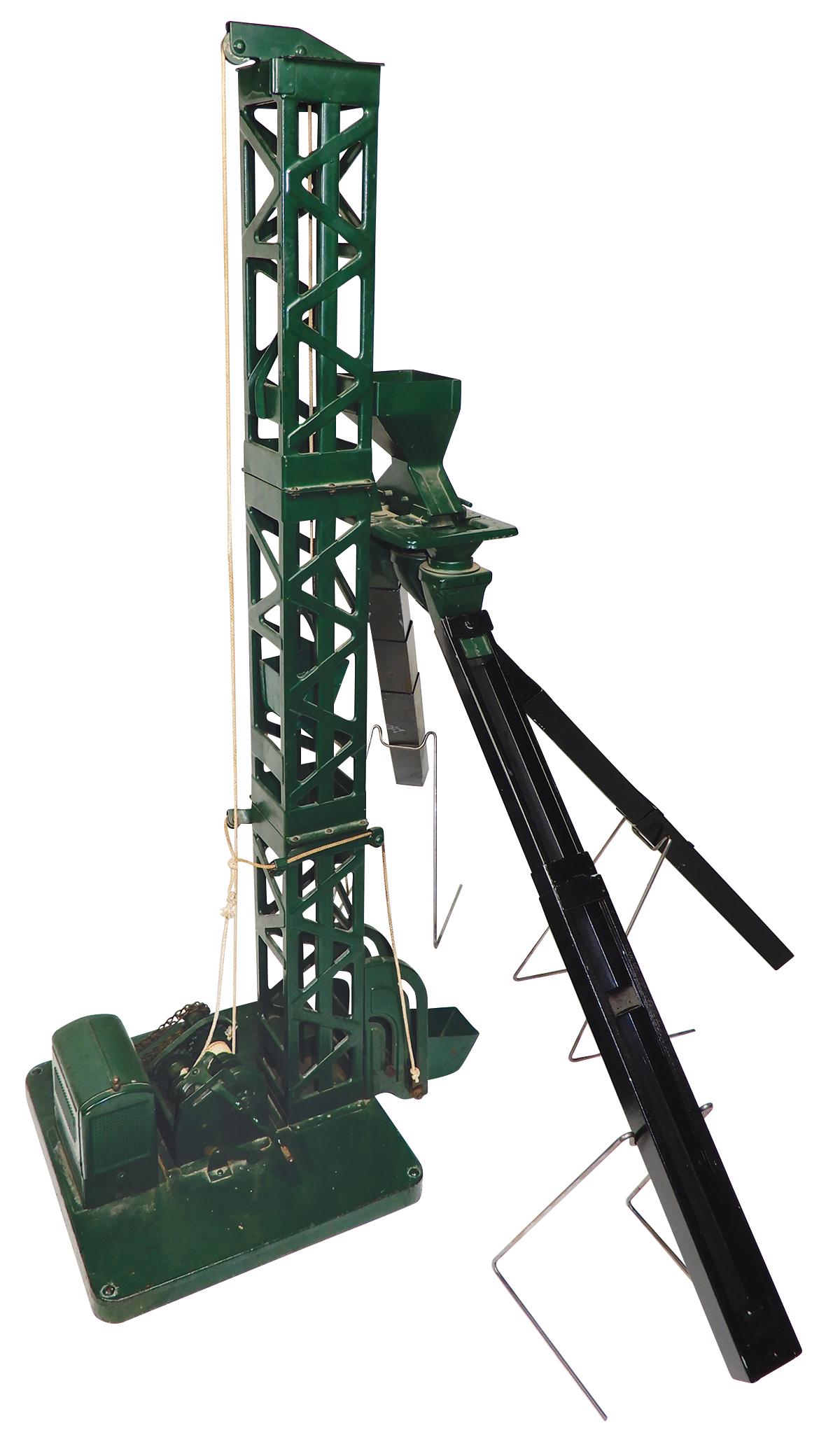 Toy Construction Tower, Buddy L Hoisting Tower, Model: Toy Construction Tower, Buddy L Hoisting Tower, Model #350, pressed steel, mfgd by Moline Pressed Steel Co., c.1929, working dump bucket drops material into adjustable chutes, Good to VG cond, tower p