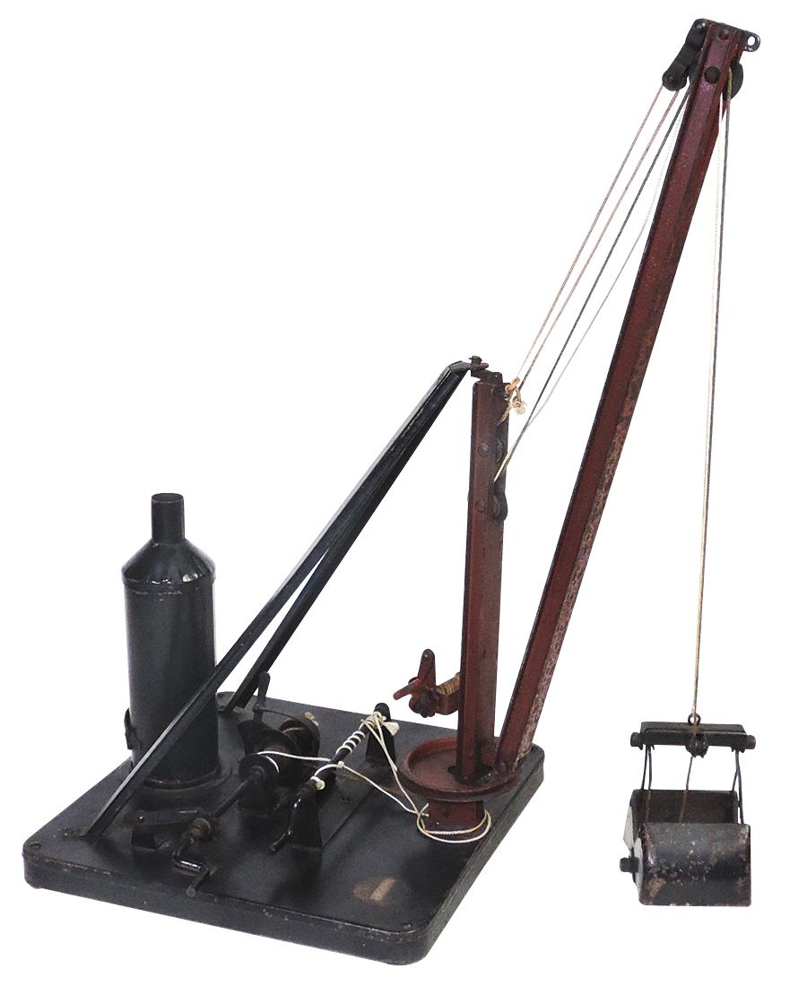 Toy Train, Buddy L Railway Large Derrick, pressed steel: Toy Train, Buddy L Railway Large Derrick, pressed steel crane w/clamshell bucket, mfgd by Moline Pressed Steel Co., c.1924-1925, Good+ working cond w/orig paint & decal, shows signs of use, 23.5"H x 1