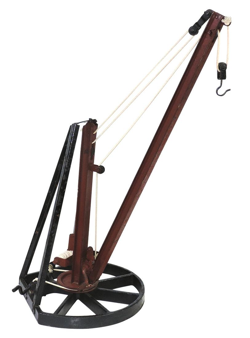 Toy Construction Crane, Buddy L Small Derrick Crane,: Toy Construction Crane, Buddy L Small Derrick Crane, iron & pressed steel, mfgd by Moline Pressed Steel Co., c.1930, fully functional rotating & adjustable arm, VG cond, 20.5"H x 9.5"Dia.