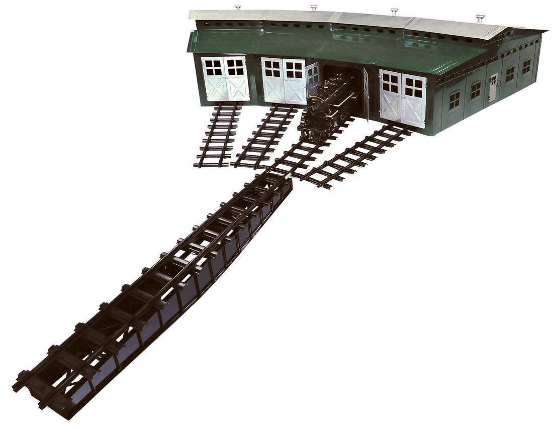 Toy Train, Buddy L Railroad Round House, pressed steel,: Toy Train, Buddy L Railroad Round House, pressed steel, mfgd by T- Reproductions, a 4-stall roundhouse, each stall w/working double doors, combination roof & engine exhaust stacks, plus a pit-mounted 