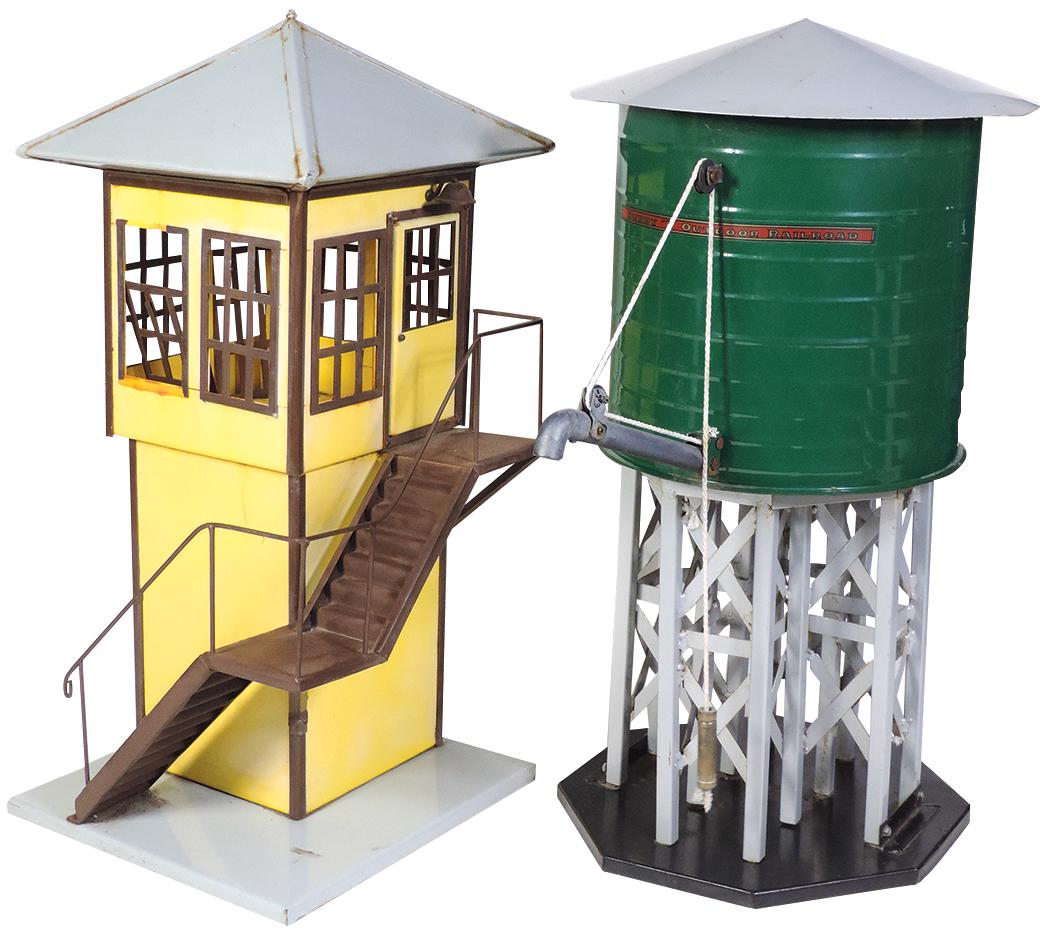 Toy Train, Buddy L Outdoor Buildings (2), Water Tower &: Toy Train, Buddy L Outdoor Buildings (2), Water Tower & Switch Tower, pressed steel w/operating counter-weighted spout, mfgd by T-Reproductions, Good to VG cond w/some oxidation, 23"H x 13"Dia.