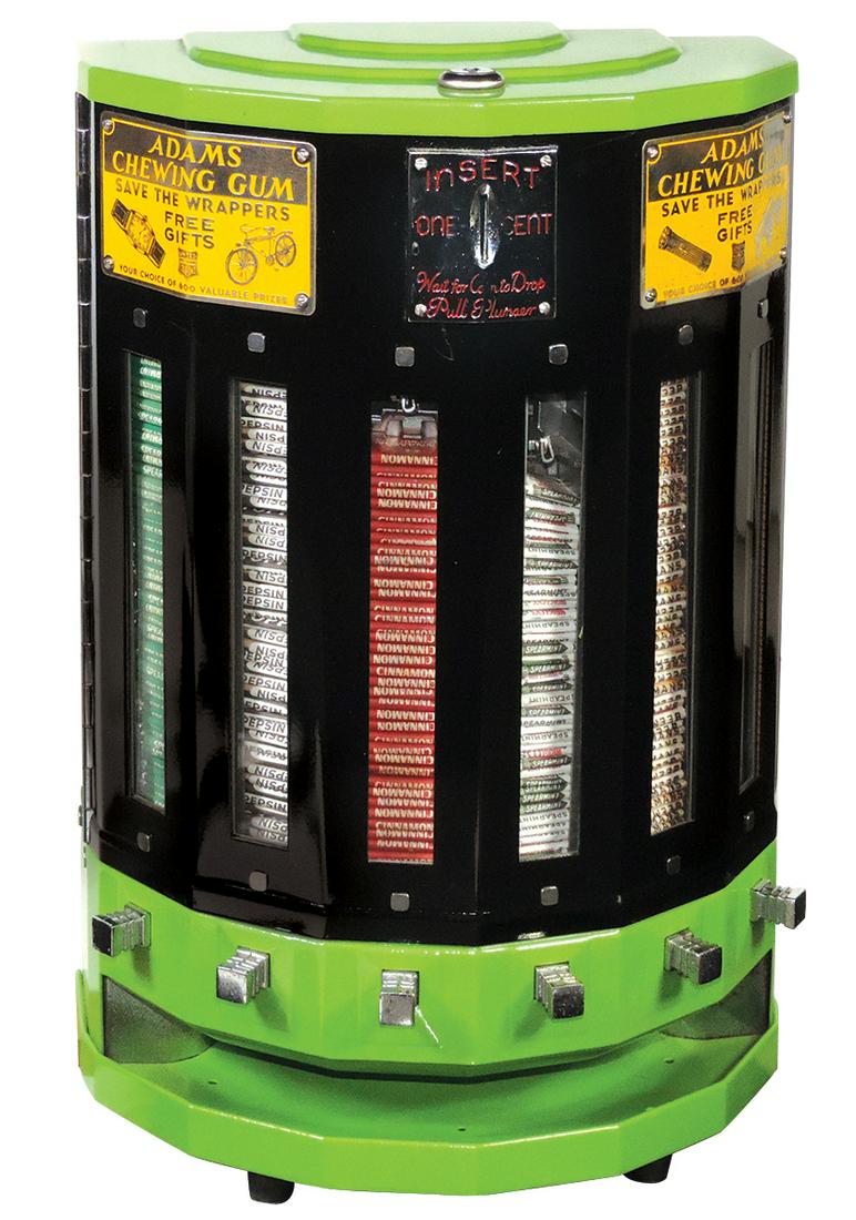 Coin-Operated Adams Gum Vendor, cast metal & enameled: Coin-Operated Adams Gum Vendor, cast metal & enameled pressed steel, 1 Cent 6-column Art Deco Demilune countertop machine, c.1930s w/2 "Save the Wrappers for Free Gifts" etched metal plaques, Exc+ con