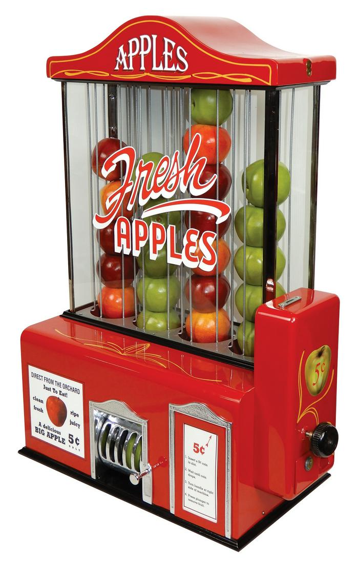 Coin-Operated Apple Vendor, 5 Cent, mfgd by Apple: Coin-Operated Apple Vendor, 5 Cent, mfgd by Apple Vendor Co.-Vending by New Life Co. Mfg.-Seattle, WA, c.1929, gorgeous restored working cond w/orig lock & key, 32"H x 25"W x 12"D.