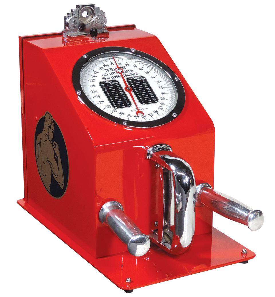 Coin-Operated Arcade Strength Tester, mfgd by D.: Coin-Operated Arcade Strength Tester, mfgd by D. Gottlieb & Co., "Squeeze or Pull" 1 Cent, c.1930, Exc restored cond, 13"H x 9"W x 15"D.