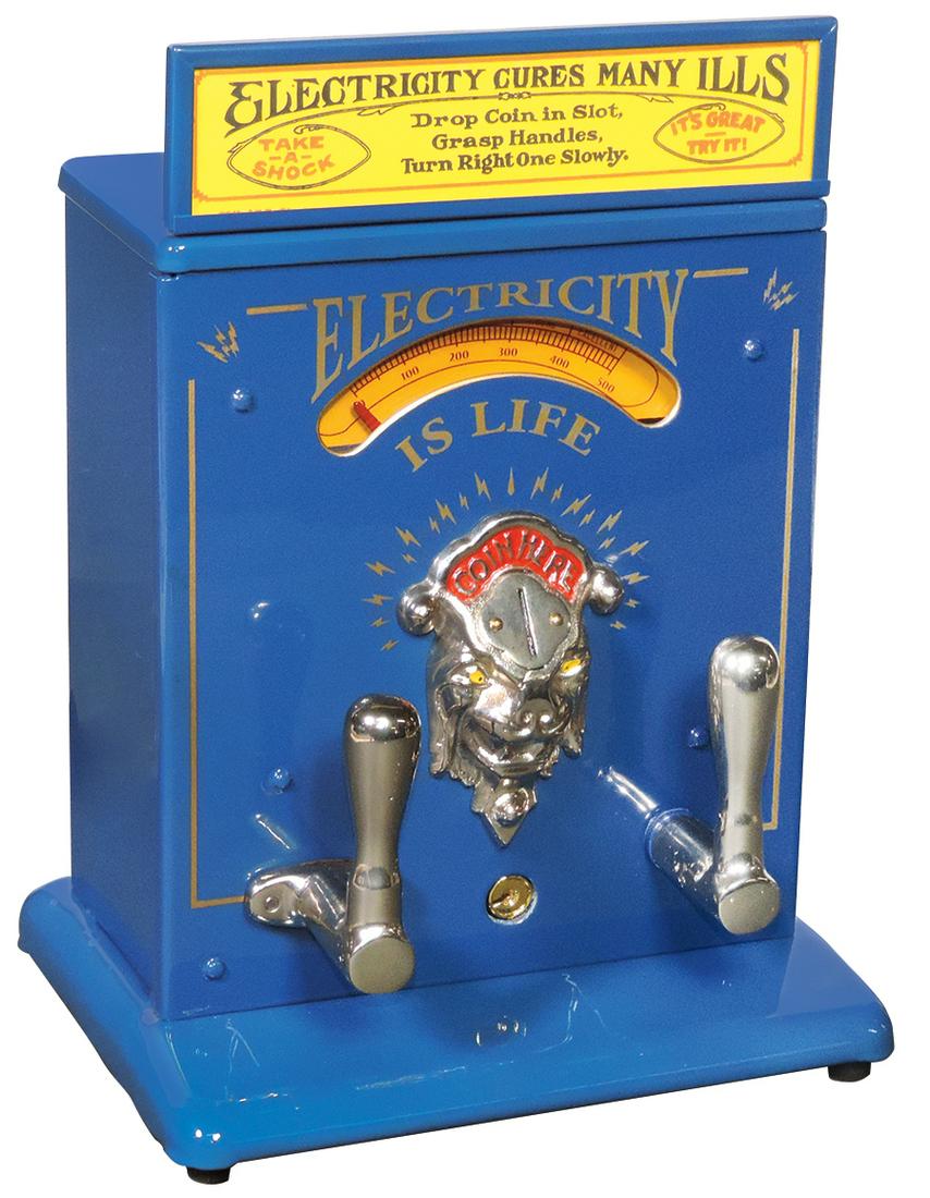 Coin-Operated Mills "Electricity Is Life" 1 Cent "Take: Coin-Operated Mills "Electricity Is Life" 1 Cent "Take a Shock Machine," battery-operated pressed steel countertop w/nickel-plated handles & Lion Head coin slot, mfgd by Mills Novelty, early 20th C., 