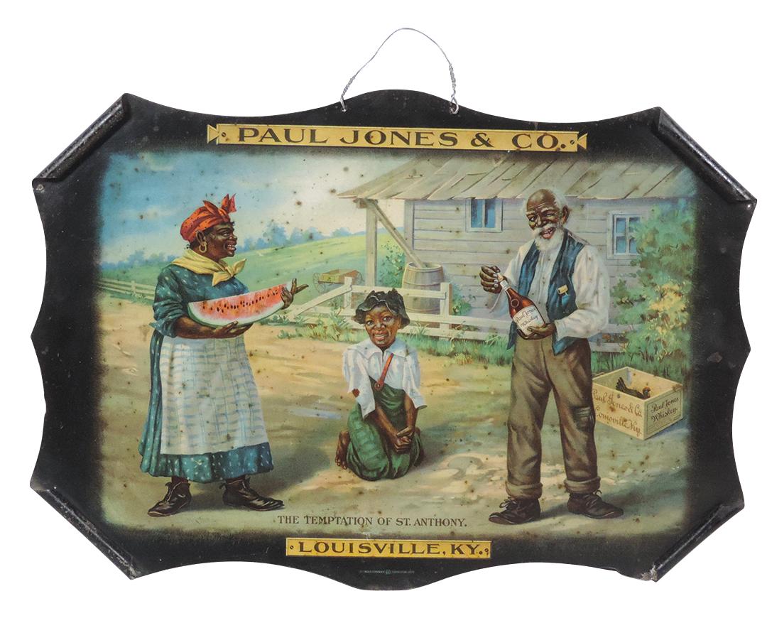 Breweriana Black Americana Sign, Paul Jones & Co.: Breweriana Black Americana Sign, Paul Jones & Co. Whiskey "The Temptation of St. Anthony", litho on tin w/rolled corners by the Meek Co., early 20th C., VG cond w/couple of soft bends to lower right &