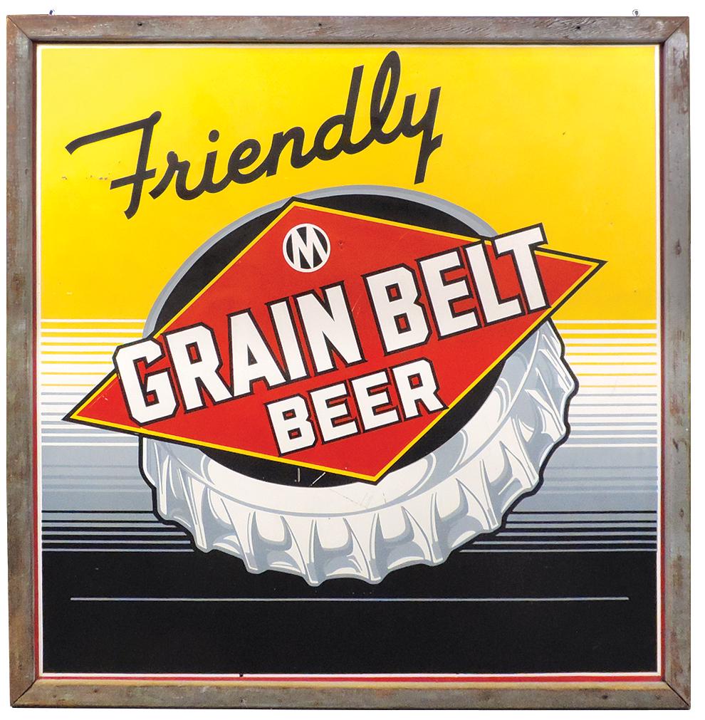 Breweriana Sign, "Friendly" Grain Belt Beer, large &: Breweriana Sign, "Friendly" Grain Belt Beer, large & impressive screen-painted tin sign, c.1940s, in orig wood frame w/bottle cap behind red diamond logo, VG+ cond, vivid colors w/few scattered scratc