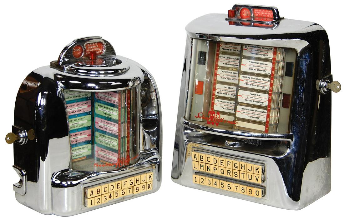 Jukebox Wall Box (2), Seeburg 3W1, 100 selection,: Jukebox Wall Box (2), Seeburg 3W1, 100 selection, c.1950 & Seeburg 3WA, 200 selection, c.1960, both Exc orig cond w/key. Larger 14.5"H x 12"W x 7"D
