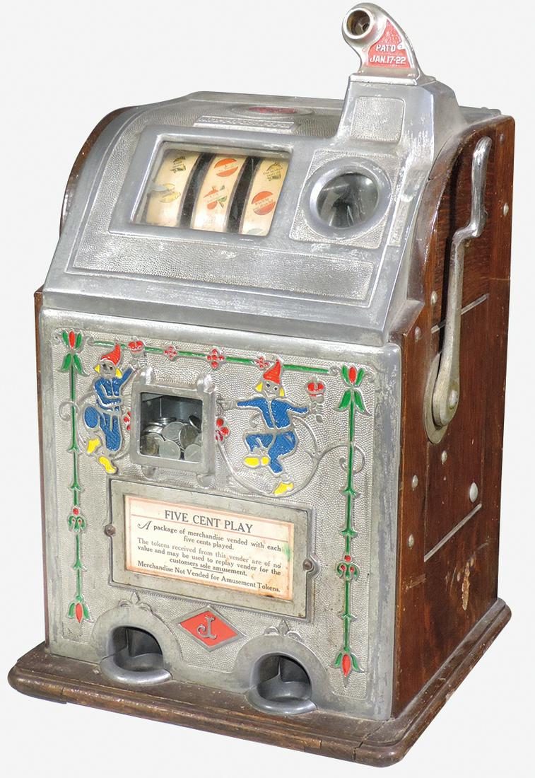 Coin-Operated Slot Machine, Jennings Dutch Boy-Dutch: Coin-Operated Slot Machine, Jennings Dutch Boy-Dutch Girl, 5 Cent, oak & aluminum cabinet w/double front jackpot, patent date on top casting reads "1-17-22 & 11-24-25", originally had side vendor & ne