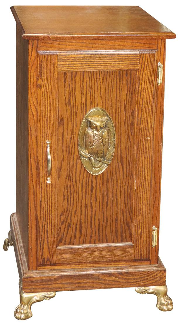 Coin-Operated Slot Machine Stand, Mill: Coin-Operated Slot Machine Stand, Mill's Owl, custom-made solid oak w/oval cast bronze "Mill's Owl" on paneled door, raised on cast bronze lion paw feet, also makes a great cash register stand, contem
