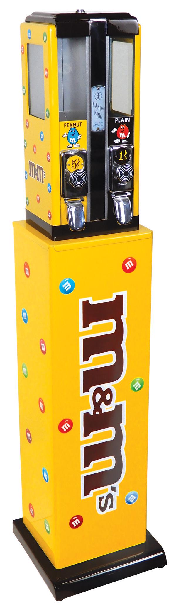 Coin-Operated Vending Machine on Stand, Kandy King,: Coin-Operated Vending Machine on Stand, Kandy King, mfgd by Holli-Ware Mfg.-Chicago, 1 & 5 Cent, prof restored in M&M motif, c.1950s, Exc working cond, 54"H x 12"W x 12"D.