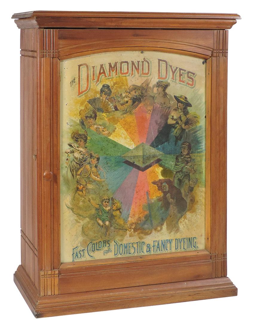 Country Store Diamond Dyes Cabinet, "Evolution of: Country Store Diamond Dyes Cabinet, "Evolution of Woman", countertop cherry cabinet w/litho on tin front, c.1910, interior partially intact, non-opening back, Good to VG cond w/nice orig finish & some