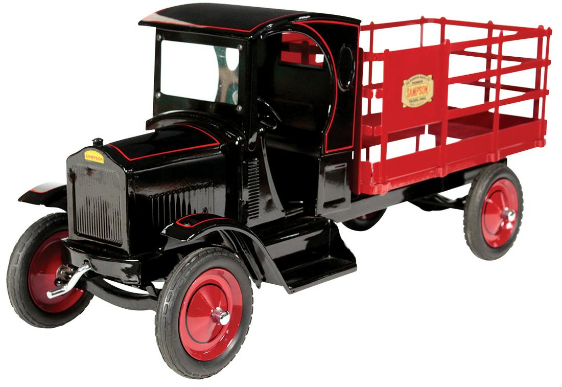 Toy Car, Sampson Stake Truck, Rare Model #913, pressed: Toy Car, Sampson Stake Truck, Rare Model #913, pressed steel, mfgd by Gendron Wheel Co., c.1925, a beautiful prof restoration in Exc+ cond, 26.5"L.