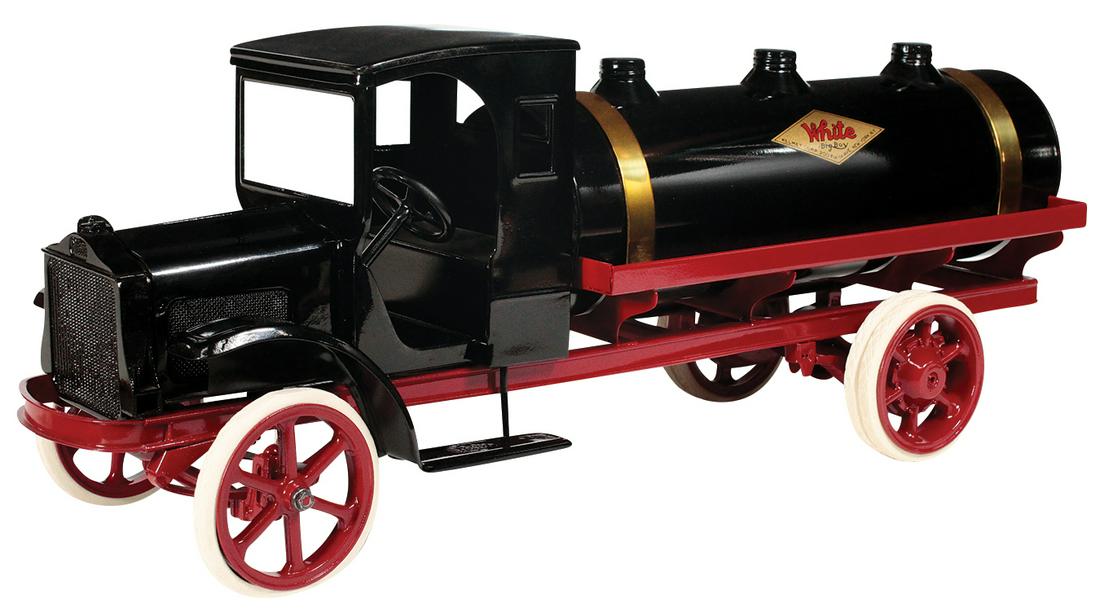 Toy Truck, Big Boy White Tanker Model #505, pressed: Toy Truck, Big Boy White Tanker Model #505, pressed steel, mfgd by Kelmet for J.C. Penney, c.1927, fillable tank w/brass spigot, Exc+ prof restored cond, 26.5"L.
