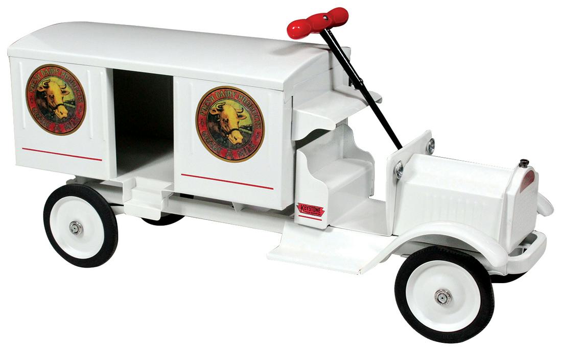 Toy Truck, Keystone Packard Milk Truck Ride-Em Model: Toy Truck, Keystone Packard Milk Truck Ride-Em Model #87, pressed steel, c.1933, Exc+ prof restored cond, 26.5"L.