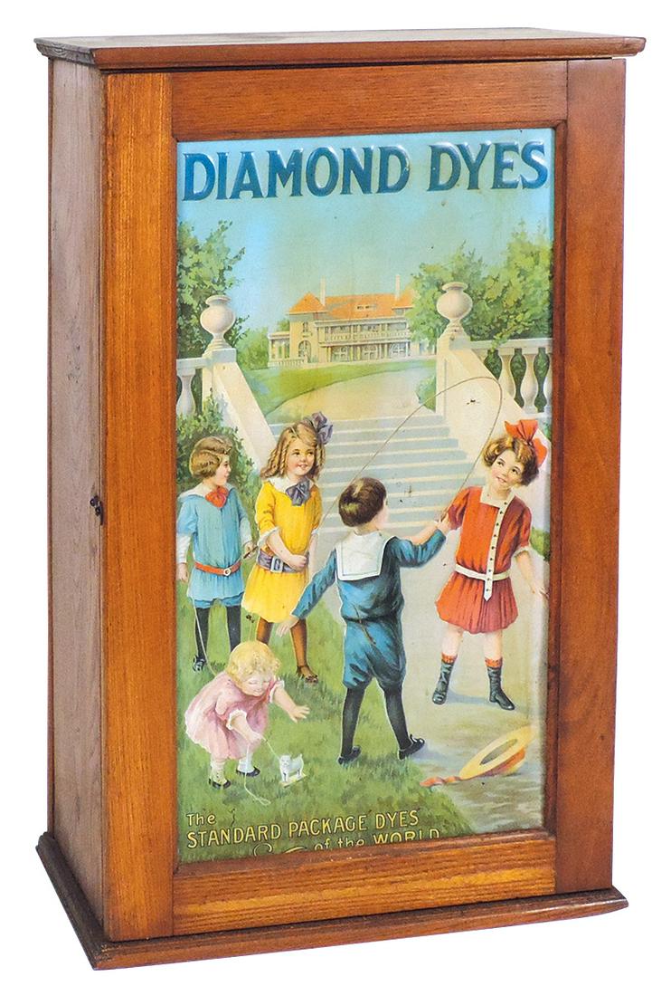 Country Store Diamond Dyes Cabinet, "Mansion" or: Country Store Diamond Dyes Cabinet, "Mansion" or "Children Skipping Rope", by Wells & Richardson Co., ash w/litho on tin front panel, c.1910, Exc cond w/some discoloration & light spotting, partial in
