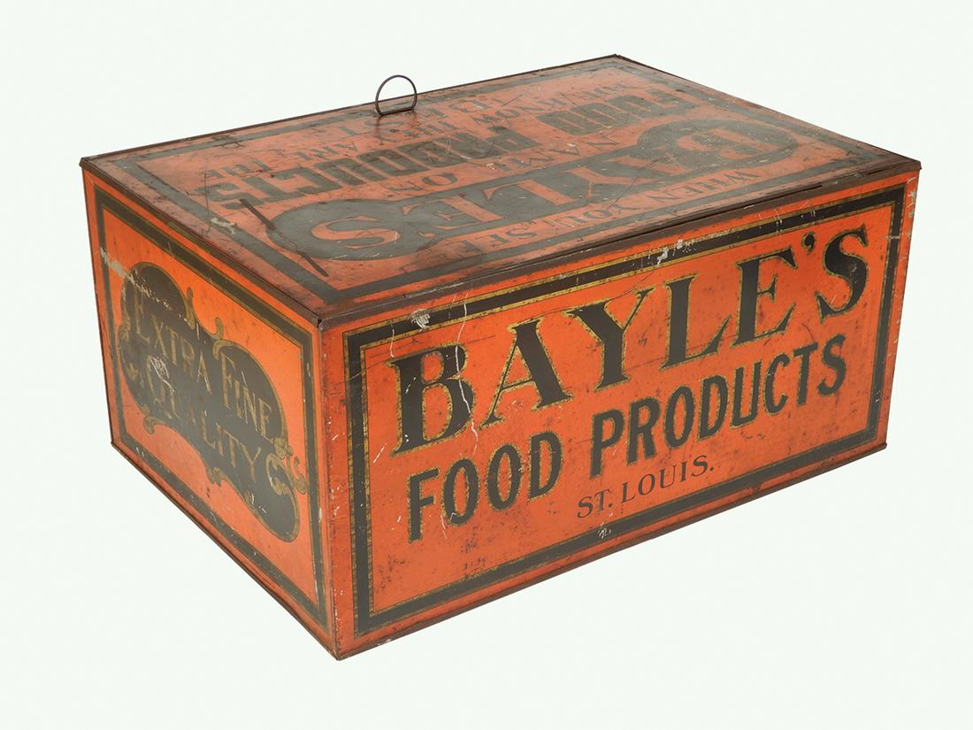 Country Store Display Bin, Bayle's Food Products-St.: Country Store Display Bin, Bayle's Food Products-St. Louis, lid reads "When You See Bayle's Name on Food Products You Know They Are The Best", adv on all sides & lid, Good+ to VG orig cond showing wea