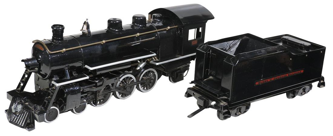 Toy Train, Buddy L Outdoor Railroad 963 Locomotive &: Toy Train, Buddy L Outdoor Railroad 963 Locomotive & Tender, pressed steel, mfgd by T-Reproductions, motorized locomotive w/battery in tender, Exc to Near Mint cond, untested, larger 9.5"H x 24"L.