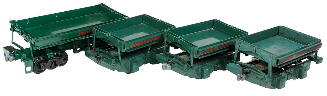 Toy Train, Buddy L Side Dump Work Cars (4), pressed: Toy Train, Buddy L Side Dump Work Cars (4), pressed steel, BL-12, mfgd by RTW #11/100 & 3 smaller cars mfgd by T-Reproductions, VG to Exc cond, one w/oxidized spotting, largest 17"L.