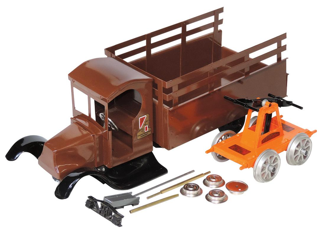 Toy Train, Buddy L (2), pressed steel, Flivver Series: Toy Train, Buddy L (2), pressed steel, Flivver Series stake bed rail mount construction truck & hand cart, mfgd by T-Reproductions, Exc cond noting damage to front truck assembly, larger 16.5"L.