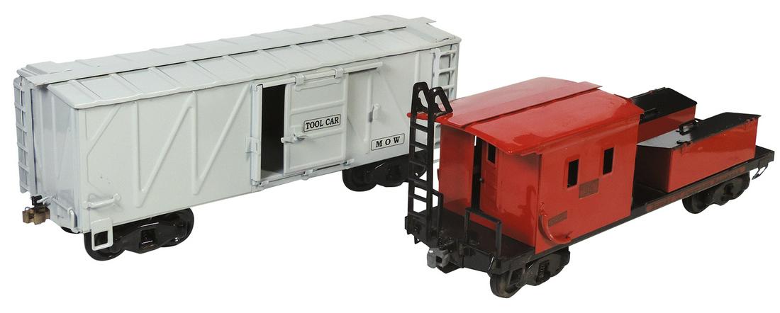 Toy Train, Buddy L (2), pressed steel, tool car &: Toy Train, Buddy L (2), pressed steel, tool car & construction caboose reproductions, Exc cond, caboose w/paint defects & decal chipping, ea 22"L.