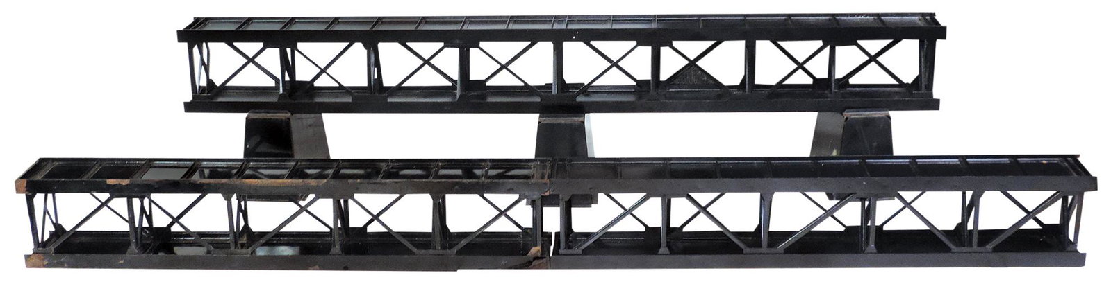 Toy Train, Buddy L Bridges & Piers (6), pressed steel,: Toy Train, Buddy L Bridges & Piers (6), pressed steel, 48" & 30" girder bridges, mfgd by Moline Pressed Steel Co., c.1930, both prof restored & a reproduction 30" girder bridge & 3 closed piers, latte