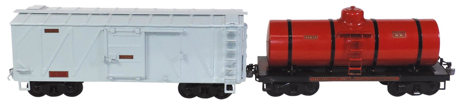 Toy Train, Buddy L Outdoor Freight Cars (2), pressed: Toy Train, Buddy L Outdoor Freight Cars (2), pressed steel, mfgd by T-Reproductions, #12457 box car & #96834 tank car, both Exc cond, larger 22"L.