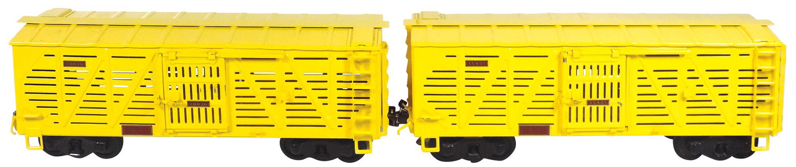 Toy Train, Buddy L Outdoor Freight Cars (2), pressed: Toy Train, Buddy L Outdoor Freight Cars (2), pressed steel, mfgd by T-Reproductions, #70836 & #35407 livestock cars, VG to Exc cond, ea 22"L.